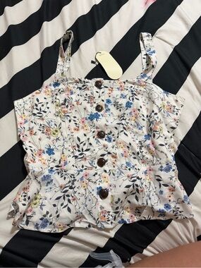 Floral Button-Front Peplum Cami Top - White Floral